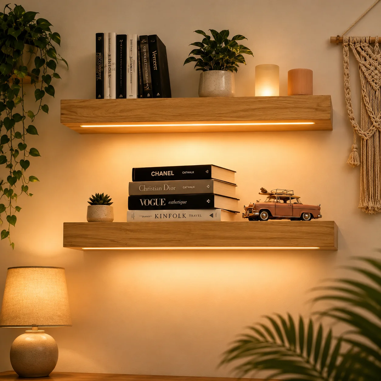 Natural Floating Shelf with LED Lights, Wood Shelf (WS0162).