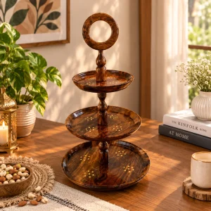 3 Tired Wooden Cake Stand - Brass