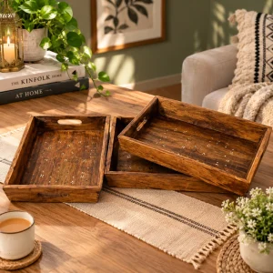 3 Pieces Tray Set- Wooden Brass