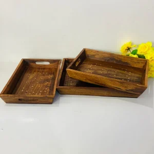 3 Pieces Tray Set- Wooden Brass