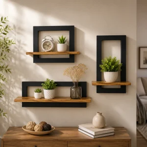 3 Pcs Black and Natural Color Wooden Shelf