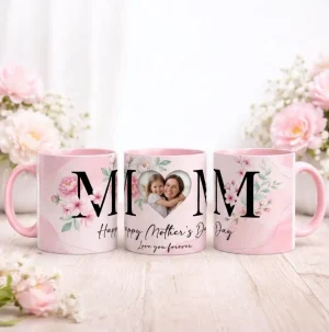 Floral I Love You MOM Mug, with Custom Heart Photo