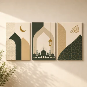 Green Arc Masjid 3-Piece Islamic Wall Art (WA0377)