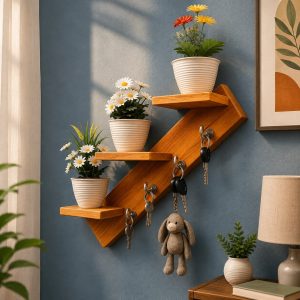 Premium Wooden Zig-Zag Wall Shelf with Key Hooks (WS0337)
