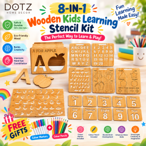 8-in-1 Wooden Educational Stencil Kit – Alphabets, Urdu, Numbers, Shapes & Body Parts | Dotz