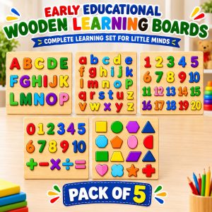 Pack of 5 - 3D Wooden Educational Puzzle Boards – ABC, 123, Shapes & Math | Dotz